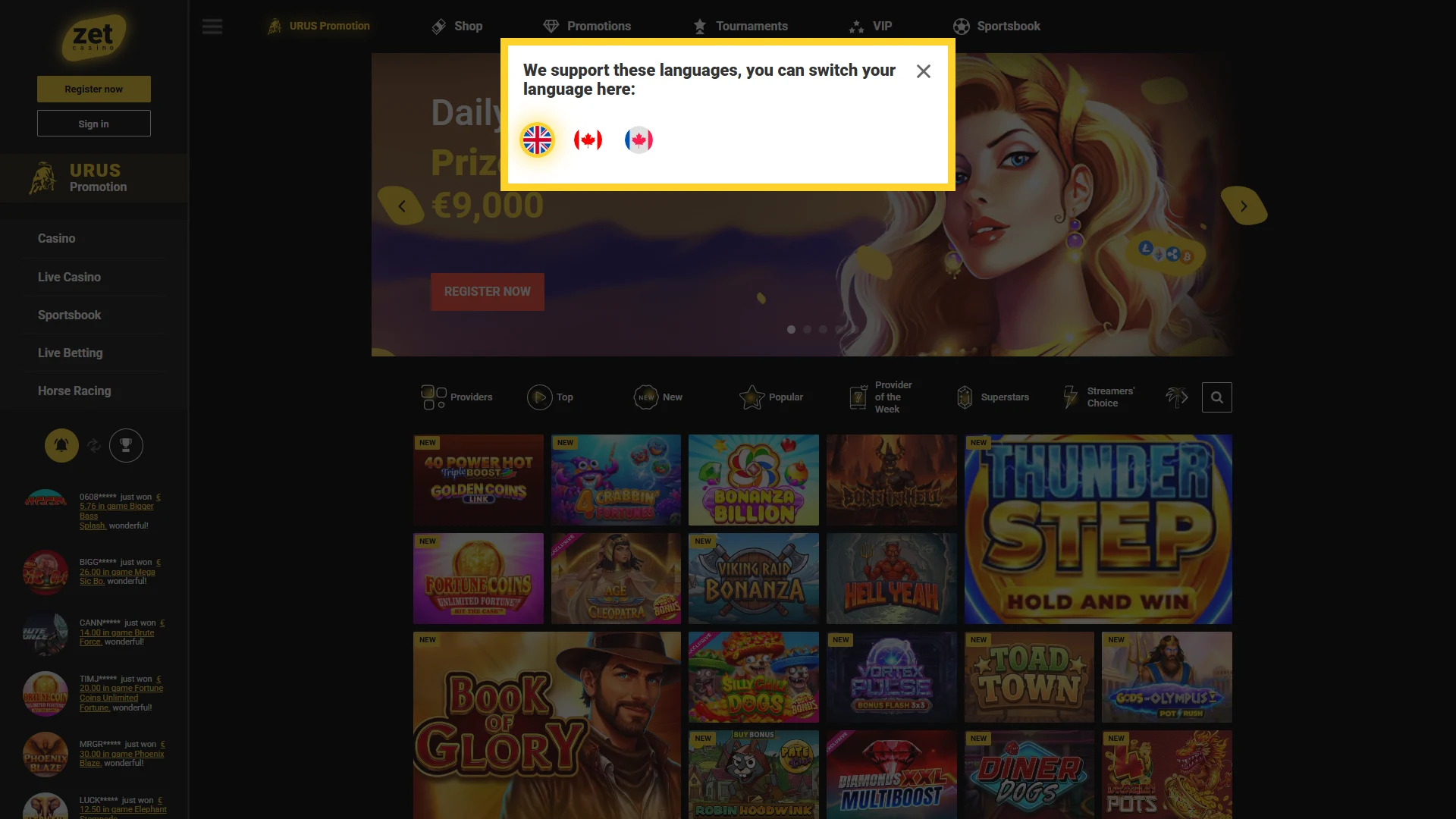 Zet Casino homepage